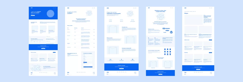 Cinq wireframe en monochrome bleu d'un site web