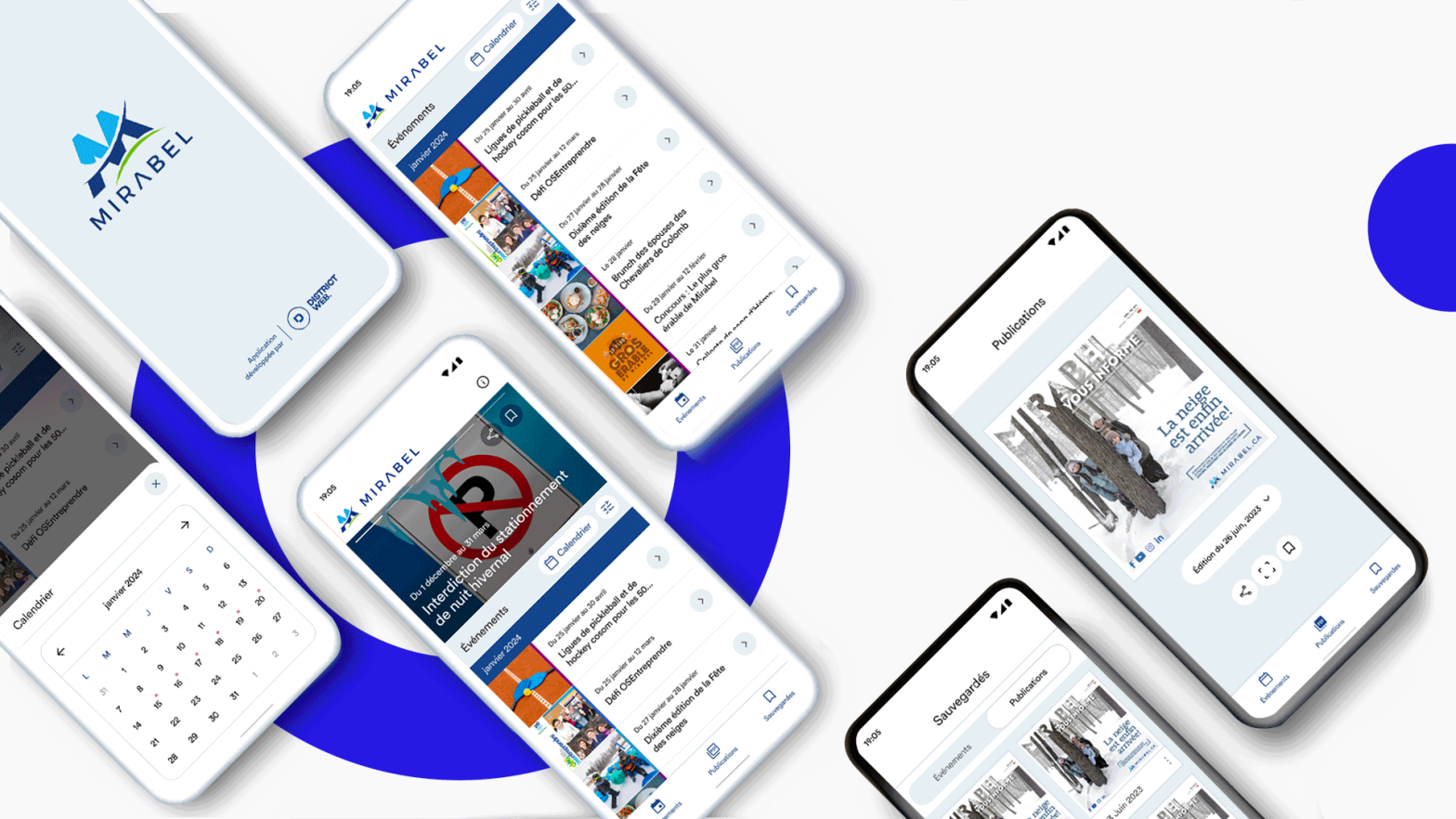 Six écrans de téléphones intelligents présentant le résultat du développement de l'application mobile Mirabel.