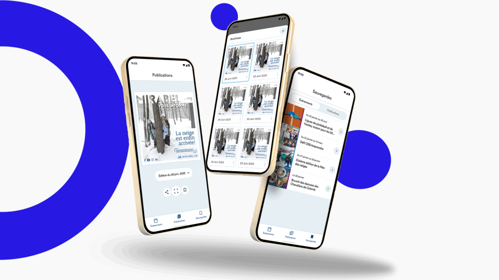 Visuel de 3 écrans de téléphones affichant une édition, les archives et un article sauvegardé de l'application Mirabel. 