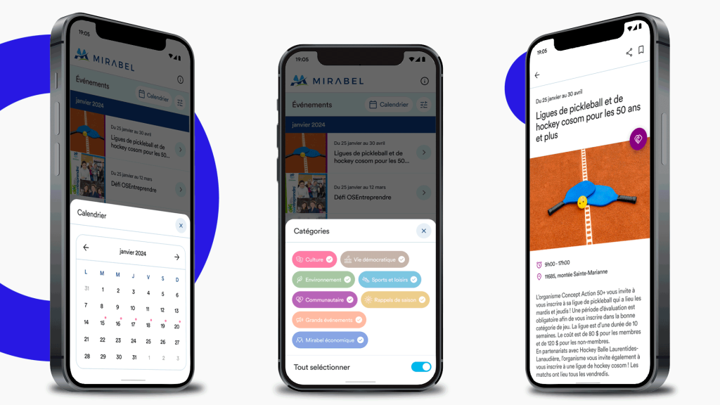 Calendrier d'événements, catégories et détails présentés dans 3 écrans de l'application mobile Mirabel